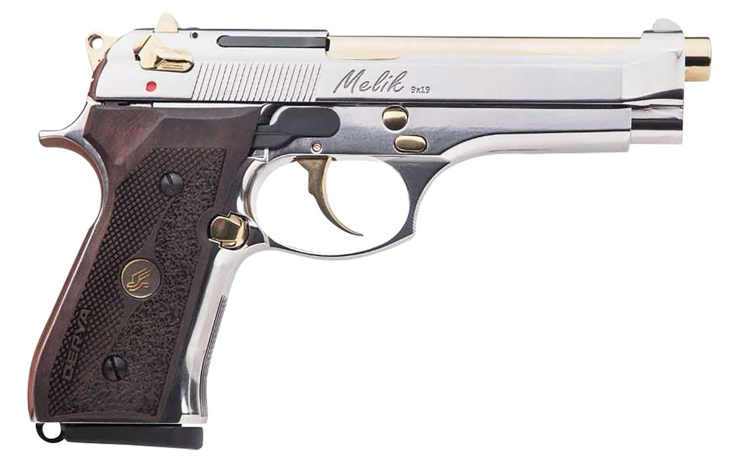 Derya Firearms MELIK9.NG.TR Melik 9mm Luger 17+1 4.90″ Gold TiN Steel Barrel, Black Melonite Serrated Steel Slide, Black Aluminum Frame, Black Polymer Grip